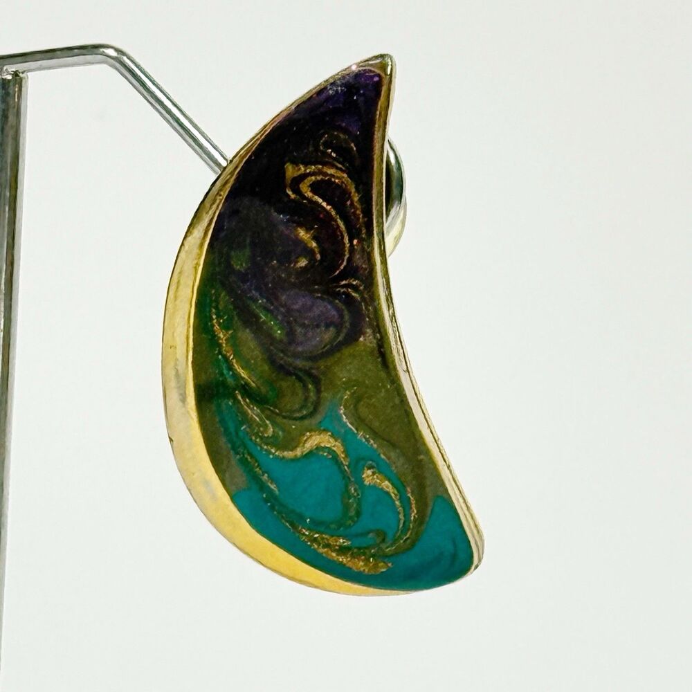 Vintage Enamel Teardrop Earrings Gold Tone Purple Green Blue Abstract Art - Picture 10 of 16